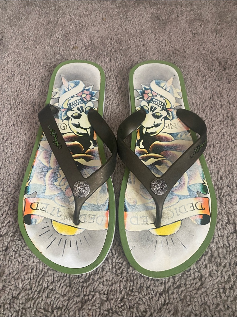 Vintage Ed Hardy Tattoo-Print Flip Flops in Green and Black